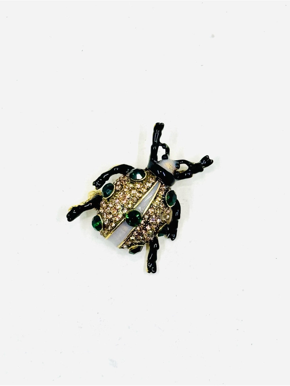 Gold Tone Black Enamel & Green Rhinestone Beetle Bug Brooch Pin 1.75”X1.25”